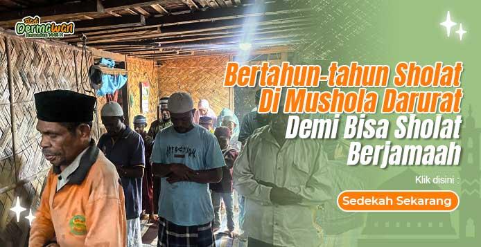 Banner program Demi Bisa Sholat Berjamaah, Warga Talebuli Bangun Mushola Darurat Dari Bambu
