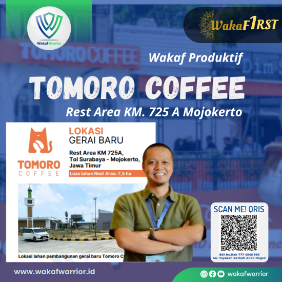 Banner program Wakaf Produktif Tomoro Coffee Mojokerto