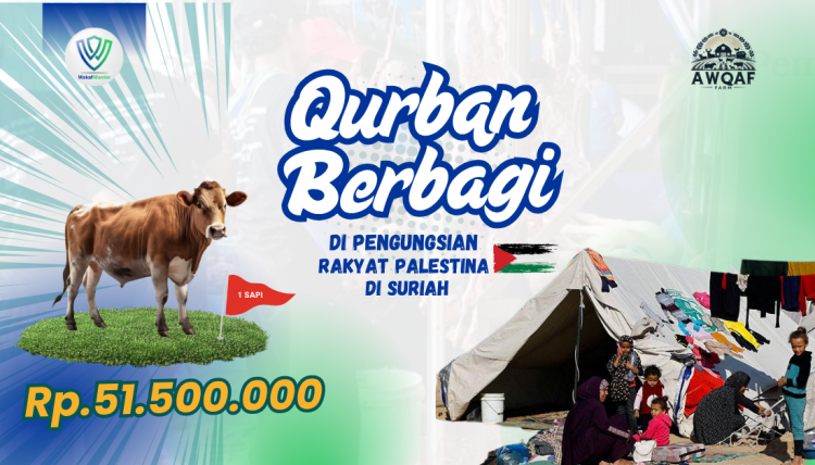 Banner program QURBAN BERBAGI DARI KITA UNTUK MEREKA DI PENGUNGSIAN PALESTINA