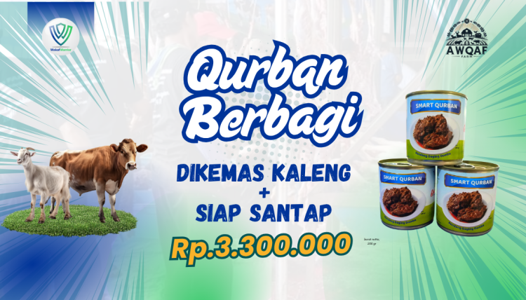 Gambar banner Smart Qurban dengan Hewan Qurban yang diolah dan dikemas siap Santap