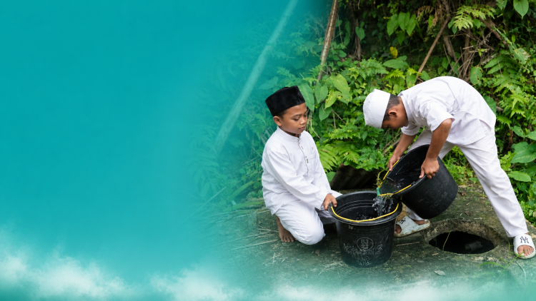 Banner program SEDEKAH AIR SUMUR BOR UNTUK PESANTREN DAN MASYARAKAT PEDALAMAN