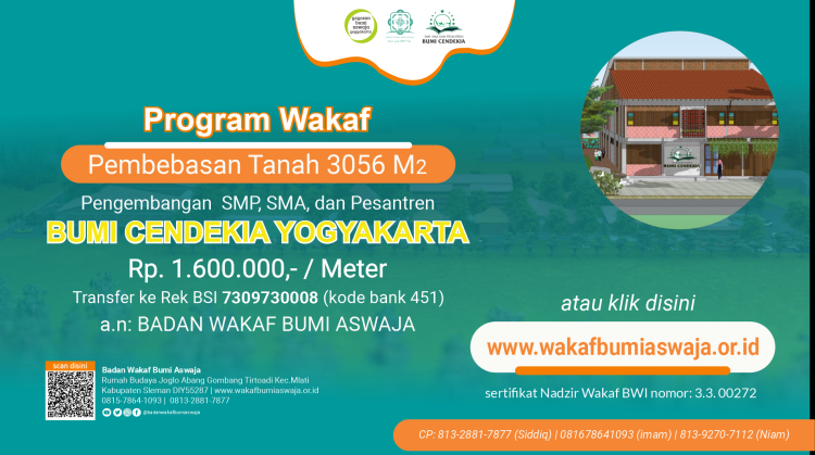 Banner program WAKAF PEMBEBASAN TANAH UNTUK PEMBANGUNAN PESANTREN SMP SMA BUMI CENDEKIA
